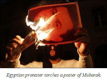 Egyptian Protestor Burns Picture of Mubarak